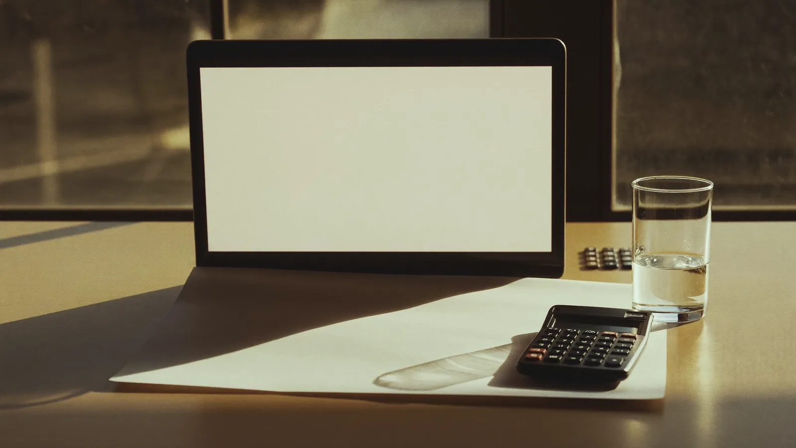 Un escritorio junto a la ventana con una laptop entreabierta de pantalla clara, una hoja en blanco, una calculadora delgada y un vaso de agua.