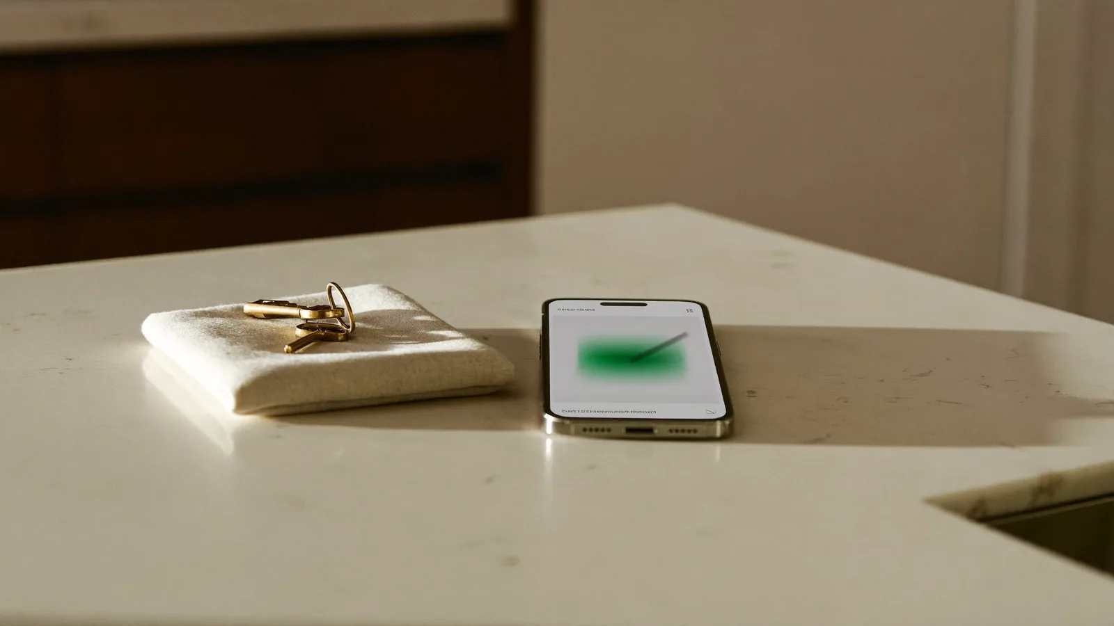 Un teléfono sobre la mesa con la pantalla encendida en verde, junto a un juego de llaves.