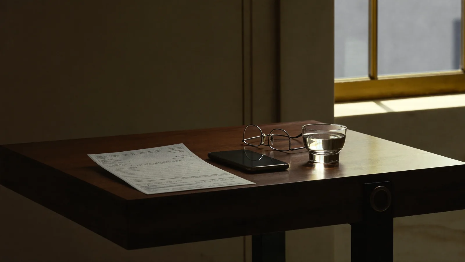 Un papel impreso sobre una mesa de nogal, junto a un teléfono boca abajo, unos lentes de lectura y un vaso de agua.